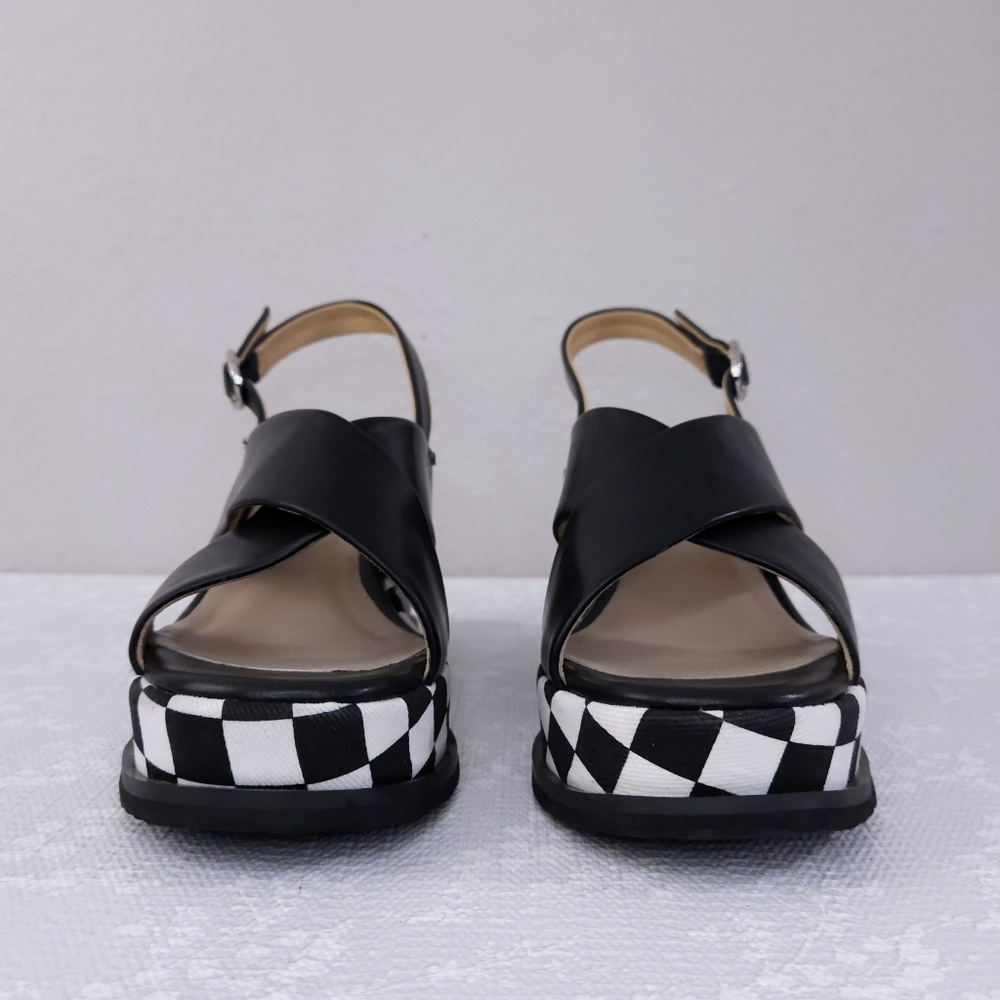 Black Check-Pattern Wedge Sandals *FIT SMALL* - Picture 5 of 12